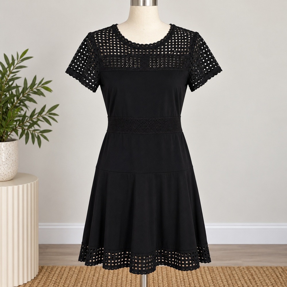 Michael Kors Fit and Flare Dress Black Eyelet Mesh Short Sleeve LBD Party Sz M